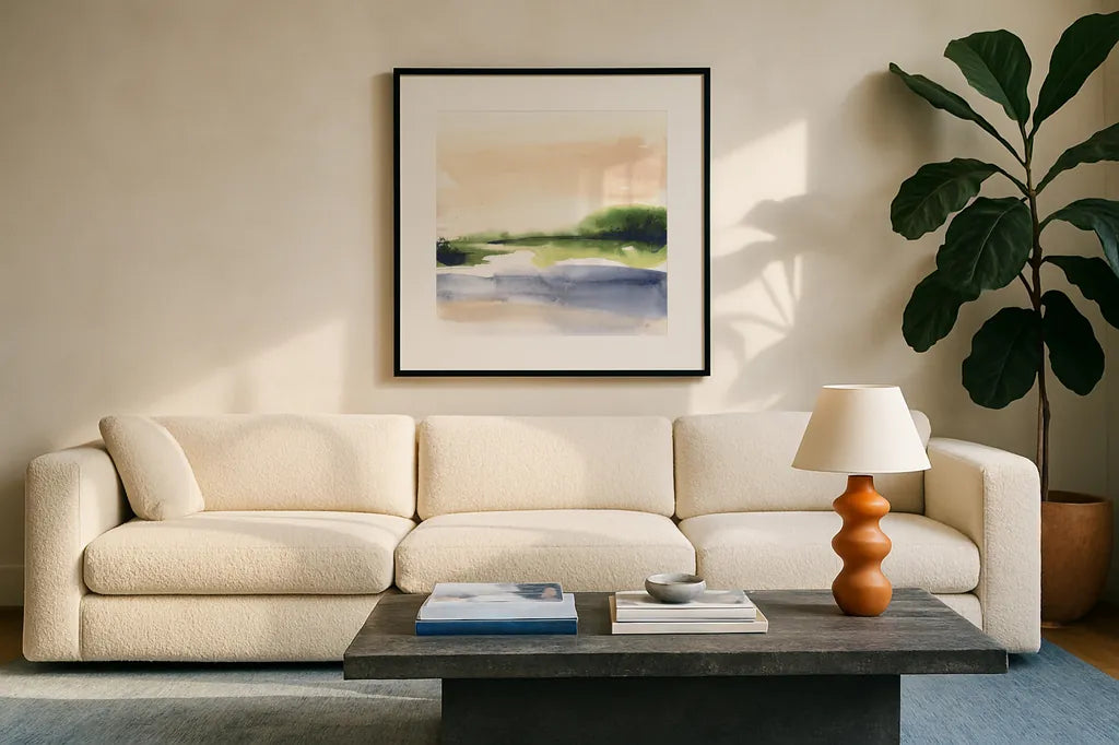 Pond View II by Chris Paschke. Displayed in a glass frame with matte in a clean modern living room. Available as an archival giclee rolled canvas, fine art paper, or poster print. SKU 94402a.