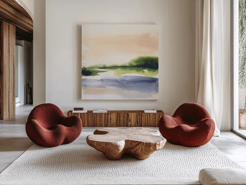 Pond View II by Chris Paschke. Shown as extra-large giant wall art in a modern living room. Available as an archival giclee rolled canvas, fine art paper, or poster print. SKU 94402a.