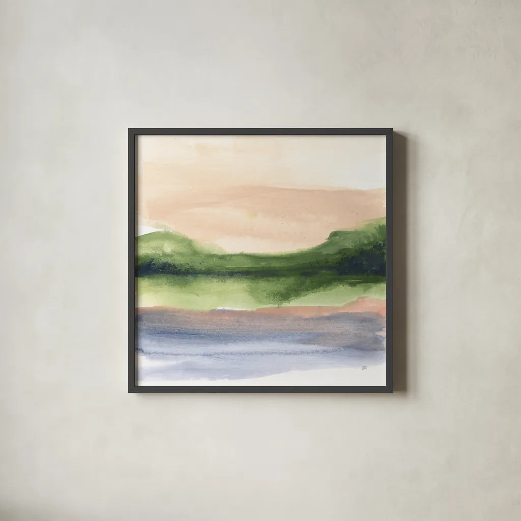 Pond View III by Chris Paschke. Shown in a sleek black glass frame for a contemporary gallery look. Available as an archival giclee rolled canvas, fine art paper, or poster print. SKU 94403a.