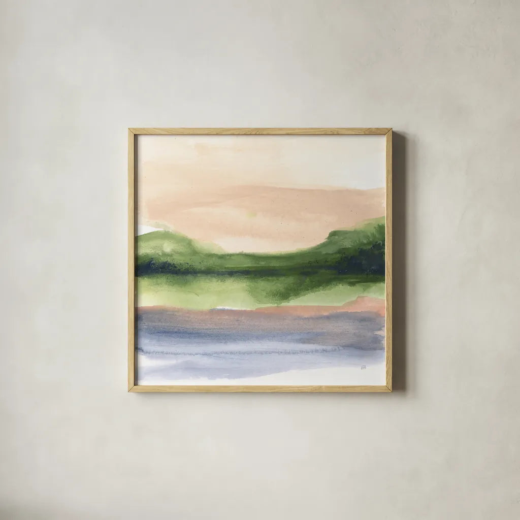 Pond View III by Chris Paschke. Shown in a natural wood glass frame for a timeless modern aesthetic. Available as an archival giclee rolled canvas, fine art paper, or poster print. SKU 94403a.
