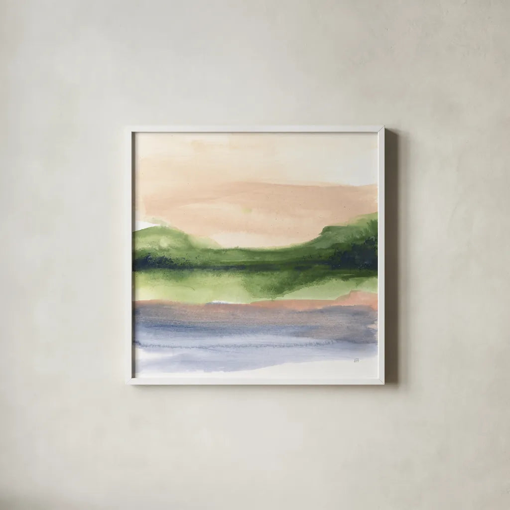 Pond View III by Chris Paschke. Shown in a crisp white glass frame for a clean and minimalist style. Available as an archival giclee rolled canvas, fine art paper, or poster print. SKU 94403a.