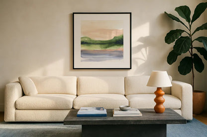 Pond View III by Chris Paschke. Displayed in a glass frame with matte in a clean modern living room. Available as an archival giclee rolled canvas, fine art paper, or poster print. SKU 94403a.