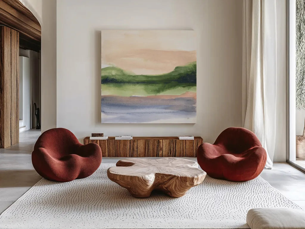 Pond View III by Chris Paschke. Shown as extra-large giant wall art in a modern living room. Available as an archival giclee rolled canvas, fine art paper, or poster print. SKU 94403a.