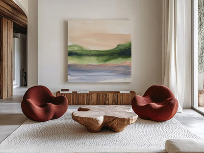 Pond View III by Chris Paschke. Shown as extra-large giant wall art in a modern living room. Available as an archival giclee rolled canvas, fine art paper, or poster print. SKU 94403a.