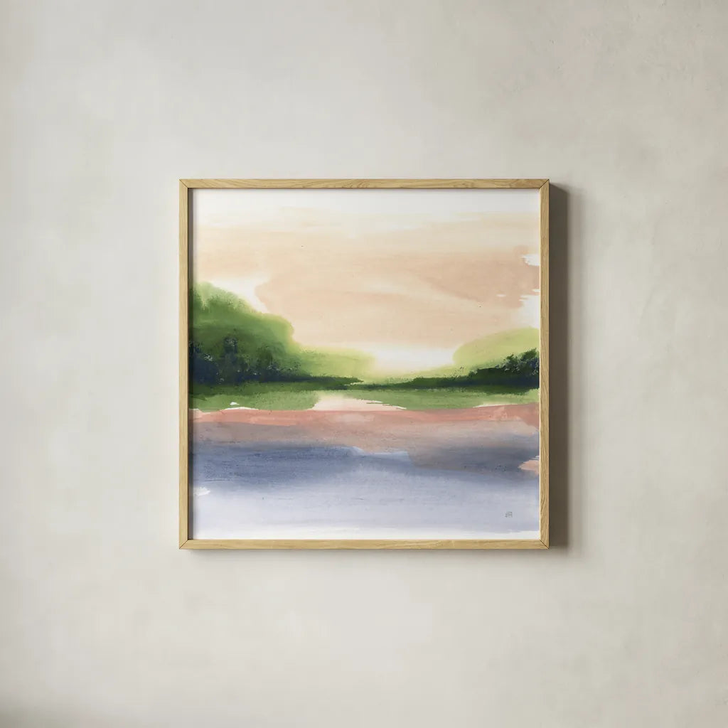 Pond View IV by Chris Paschke. Shown in a natural wood glass frame for a timeless modern aesthetic. Available as an archival giclee rolled canvas, fine art paper, or poster print. SKU 94404a.