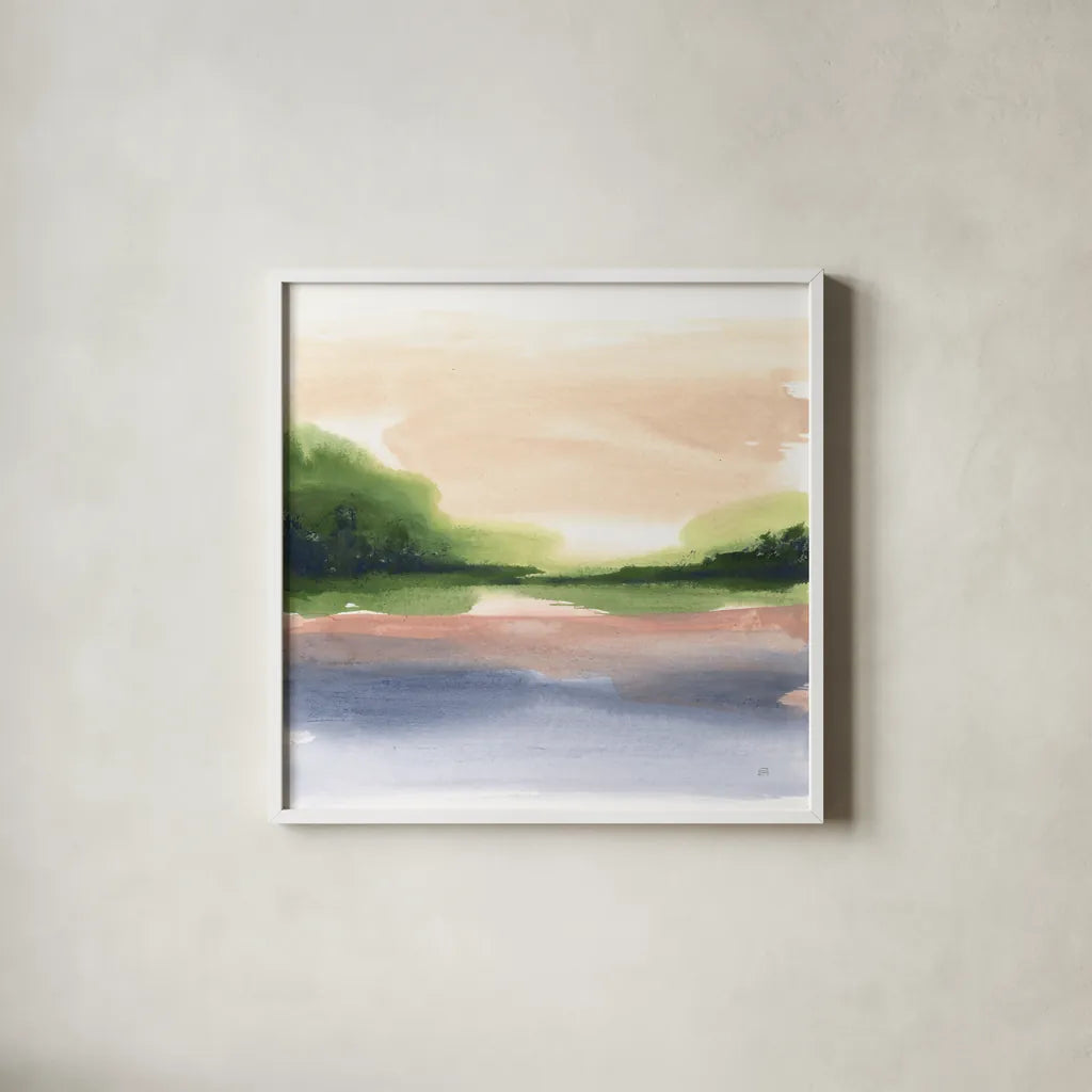 Pond View IV by Chris Paschke. Shown in a crisp white glass frame for a clean and minimalist style. Available as an archival giclee rolled canvas, fine art paper, or poster print. SKU 94404a.