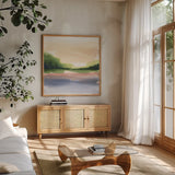 Pond View IV by Chris Paschke. Shown in a natural wood frame in a cozy modern living room. Available as an archival giclee rolled canvas, fine art paper, or poster print. SKU 94404a.