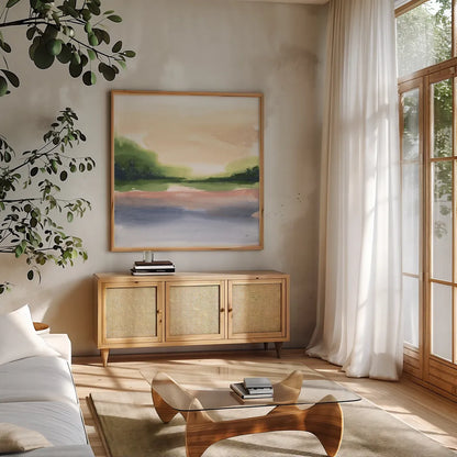 Pond View IV by Chris Paschke. Shown in a natural wood frame in a cozy modern living room. Available as an archival giclee rolled canvas, fine art paper, or poster print. SKU 94404a.