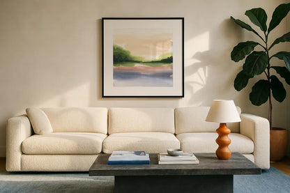 Pond View IV by Chris Paschke. Displayed in a glass frame with matte in a clean modern living room. Available as an archival giclee rolled canvas, fine art paper, or poster print. SKU 94404a.