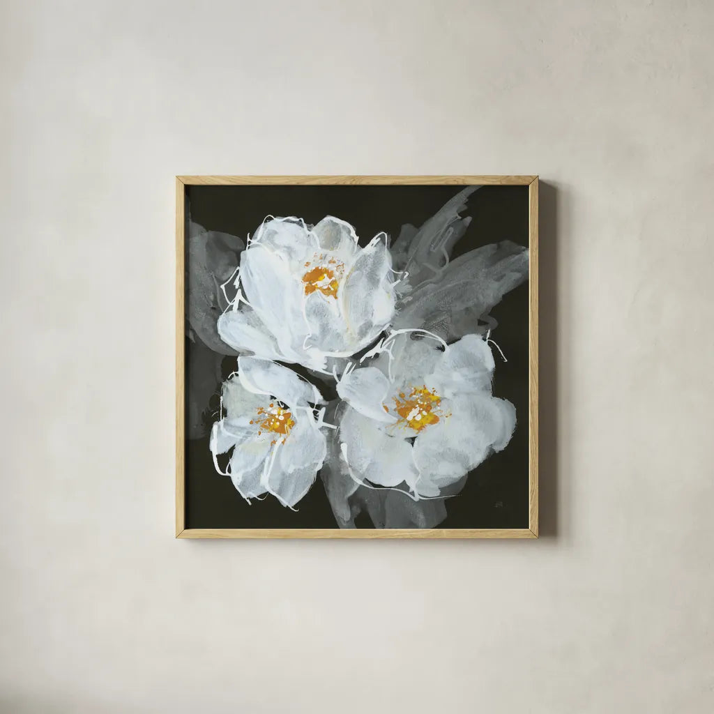 Poppies I by Chris Paschke. Shown in a natural wood glass frame for a timeless modern aesthetic. Available as an archival giclee rolled canvas, fine art paper, or poster print. SKU 80763a.