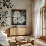 Poppies I by Chris Paschke. Shown in a natural wood frame in a cozy modern living room. Available as an archival giclee rolled canvas, fine art paper, or poster print. SKU 80763a.