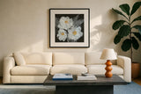 Poppies I by Chris Paschke. Displayed in a glass frame with matte in a clean modern living room. Available as an archival giclee rolled canvas, fine art paper, or poster print. SKU 80763a.