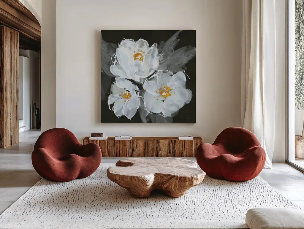 Poppies I by Chris Paschke. Shown as extra-large giant wall art in a modern living room. Available as an archival giclee rolled canvas, fine art paper, or poster print. SKU 80763a.