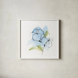 Poppy Blue I by Chris Paschke. Shown in a crisp white glass frame for a clean and minimalist style. Available as an archival giclee rolled canvas, fine art paper, or poster print. SKU 88100a.