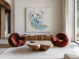 Poppy Blue II by Chris Paschke. Shown as extra-large giant wall art in a modern living room. Available as an archival giclee rolled canvas, fine art paper, or poster print. SKU 88101a.