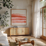Poppy Field II by Chris Paschke. Shown in a natural wood frame in a cozy modern living room. Available as an archival giclee rolled canvas, fine art paper, or poster print. SKU 81052a.