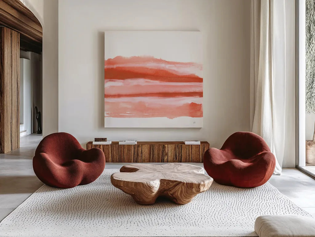 Poppy Field II by Chris Paschke. Shown as extra-large giant wall art in a modern living room. Available as an archival giclee rolled canvas, fine art paper, or poster print. SKU 81052a.