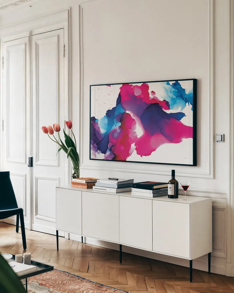 Puddles by Chris Paschke. shown as a framed stretched canvas in a living room above a console. Available as a archival giclee rolled canvas, fine art paper, or poster print. SKU 65433i.