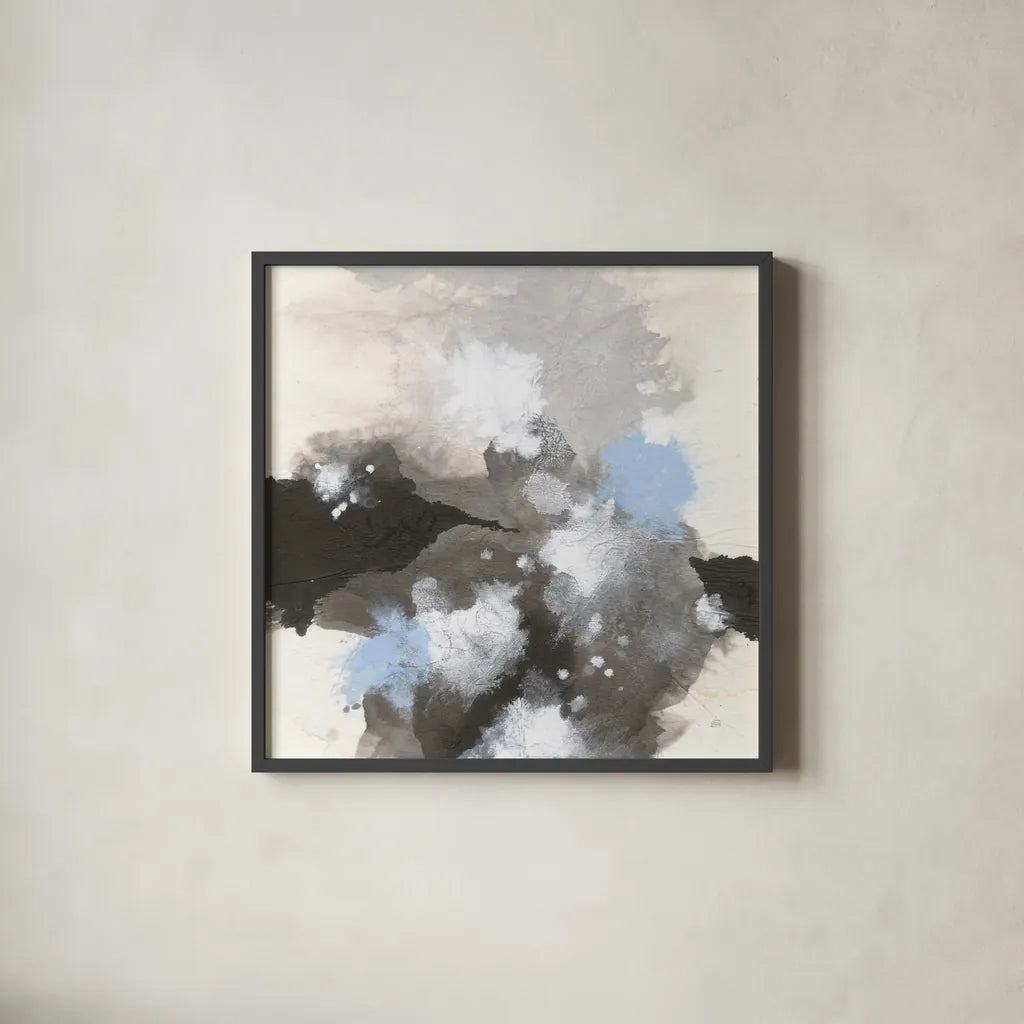 Puff of Blue I by Chris Paschke. Shown in a sleek black glass frame for a contemporary gallery look. Available as an archival giclee rolled canvas, fine art paper, or poster print. SKU 74346a.