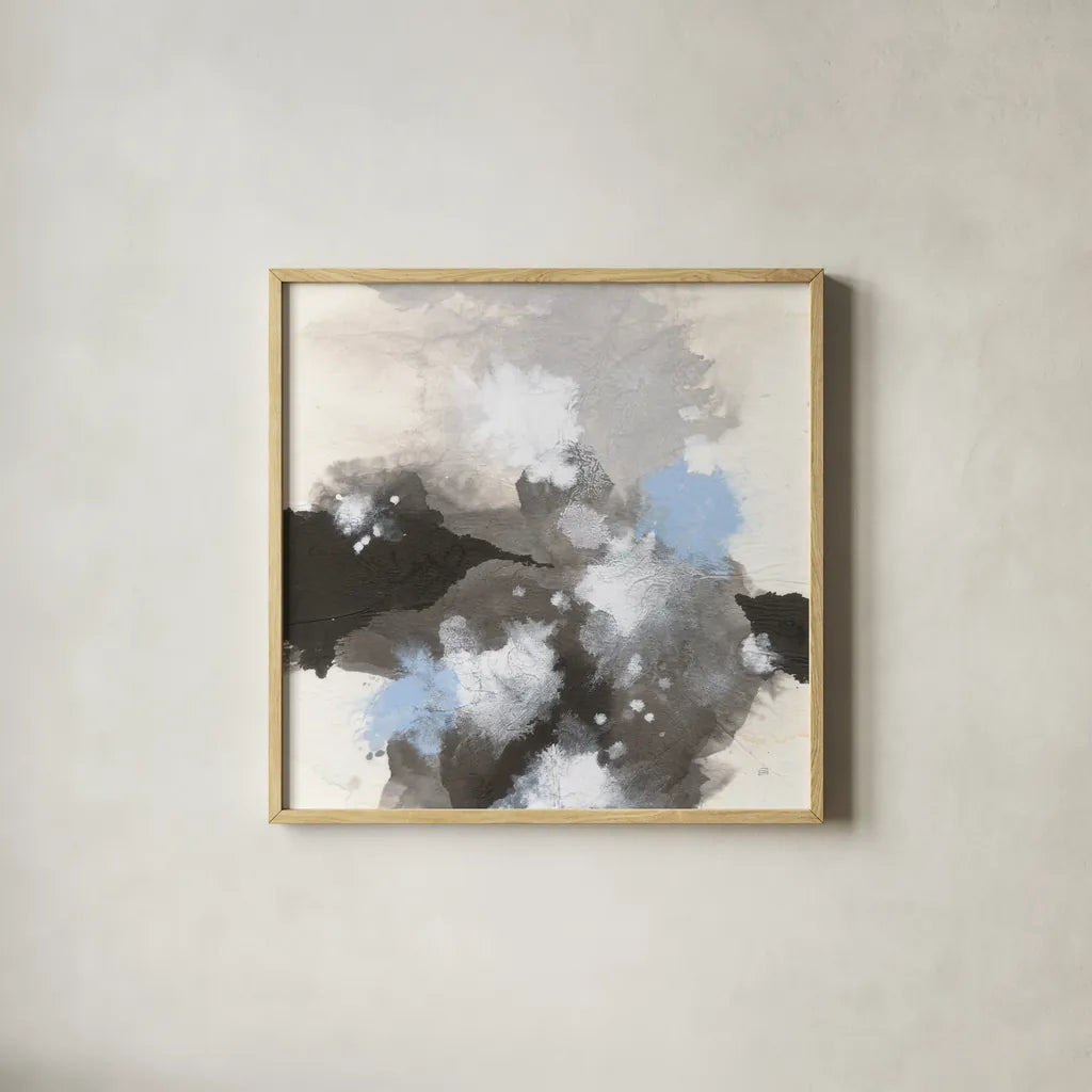 Puff of Blue I by Chris Paschke. Shown in a natural wood glass frame for a timeless modern aesthetic. Available as an archival giclee rolled canvas, fine art paper, or poster print. SKU 74346a.