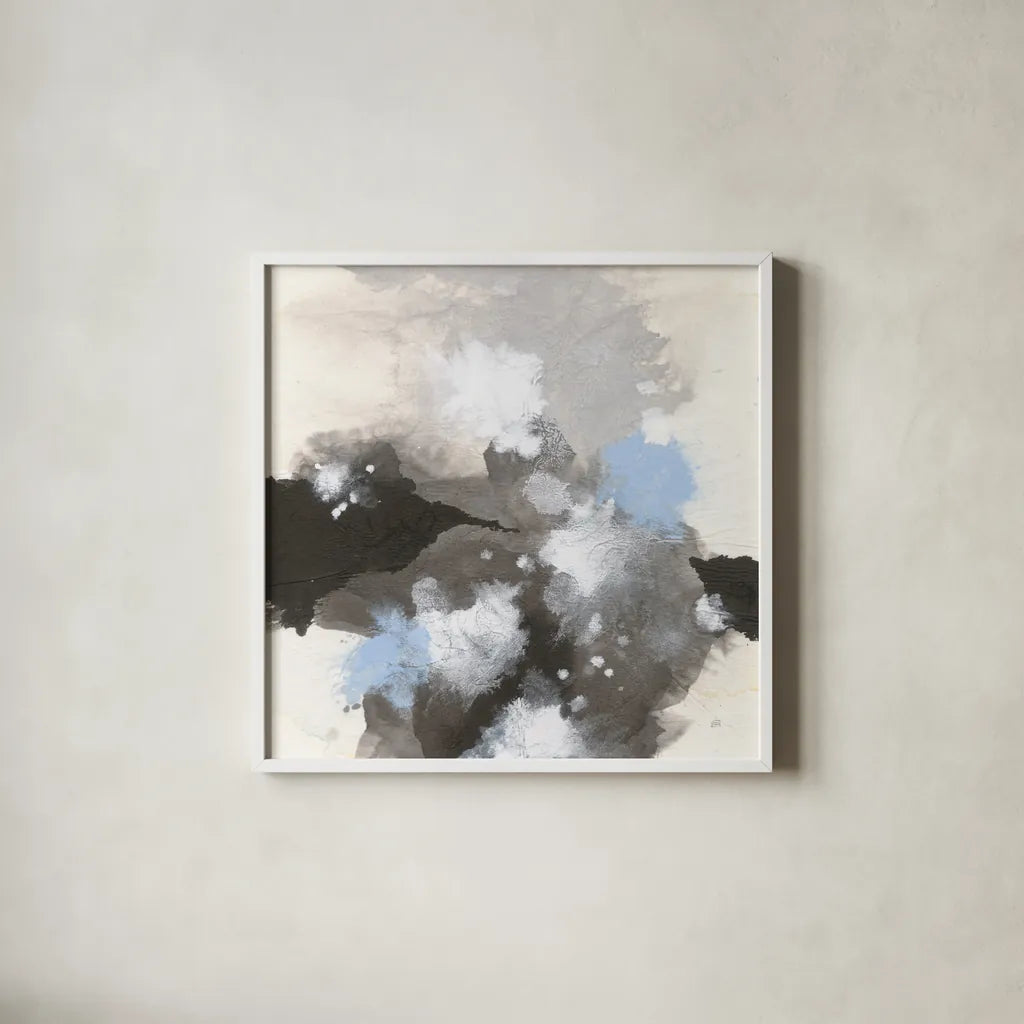 Puff of Blue I by Chris Paschke. Shown in a crisp white glass frame for a clean and minimalist style. Available as an archival giclee rolled canvas, fine art paper, or poster print. SKU 74346a.