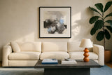 Puff of Blue I by Chris Paschke. Displayed in a glass frame with matte in a clean modern living room. Available as an archival giclee rolled canvas, fine art paper, or poster print. SKU 74346a.