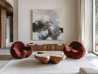 Puff of Blue I by Chris Paschke. Shown as extra-large giant wall art in a modern living room. Available as an archival giclee rolled canvas, fine art paper, or poster print. SKU 74346a.