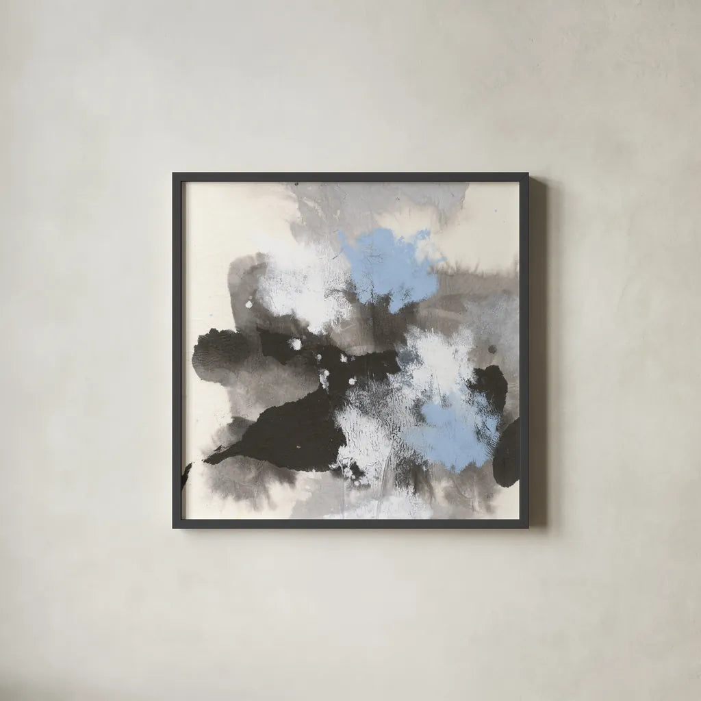 Puff of Blue II by Chris Paschke. Shown in a sleek black glass frame for a contemporary gallery look. Available as an archival giclee rolled canvas, fine art paper, or poster print. SKU 74347a.