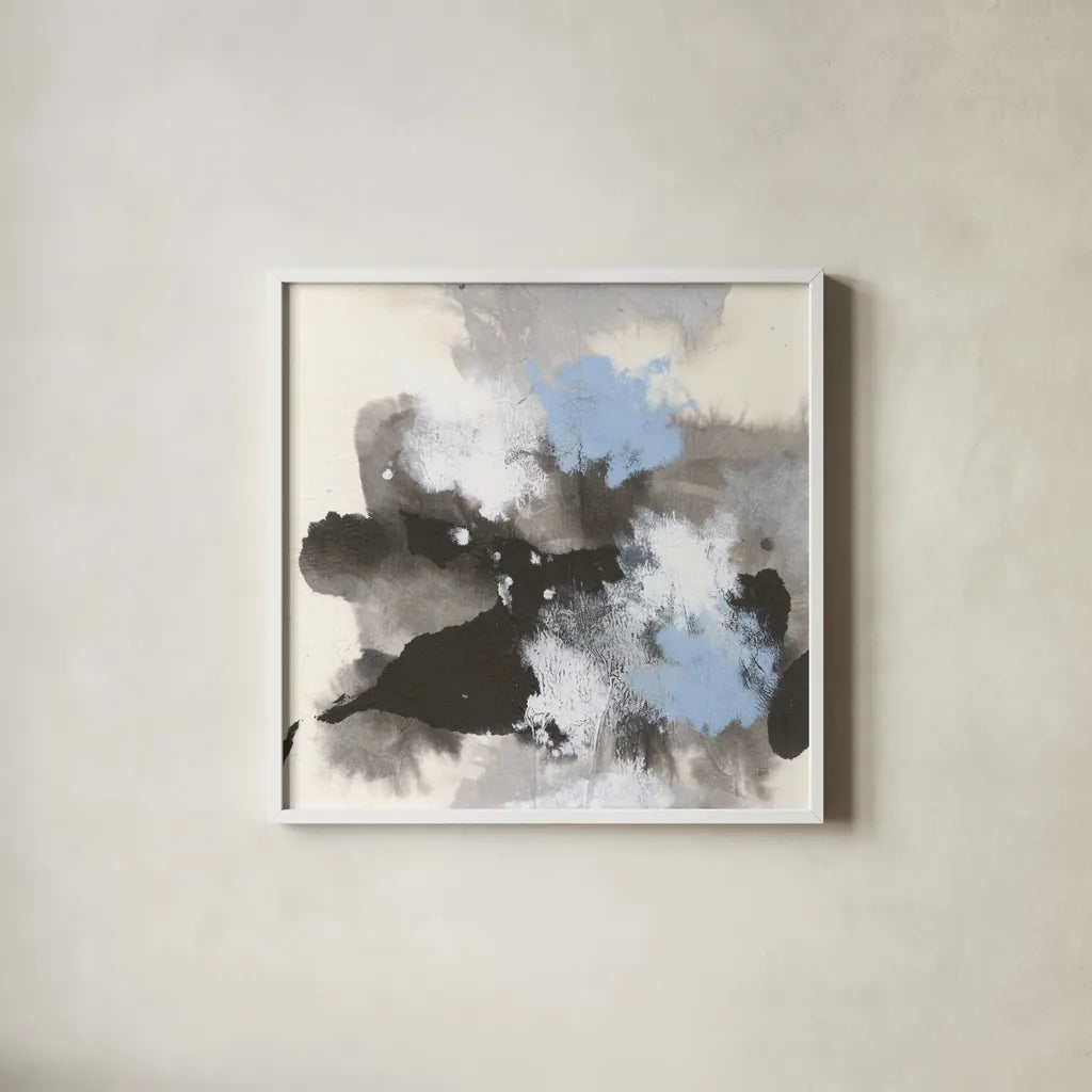 Puff of Blue II by Chris Paschke. Shown in a crisp white glass frame for a clean and minimalist style. Available as an archival giclee rolled canvas, fine art paper, or poster print. SKU 74347a.