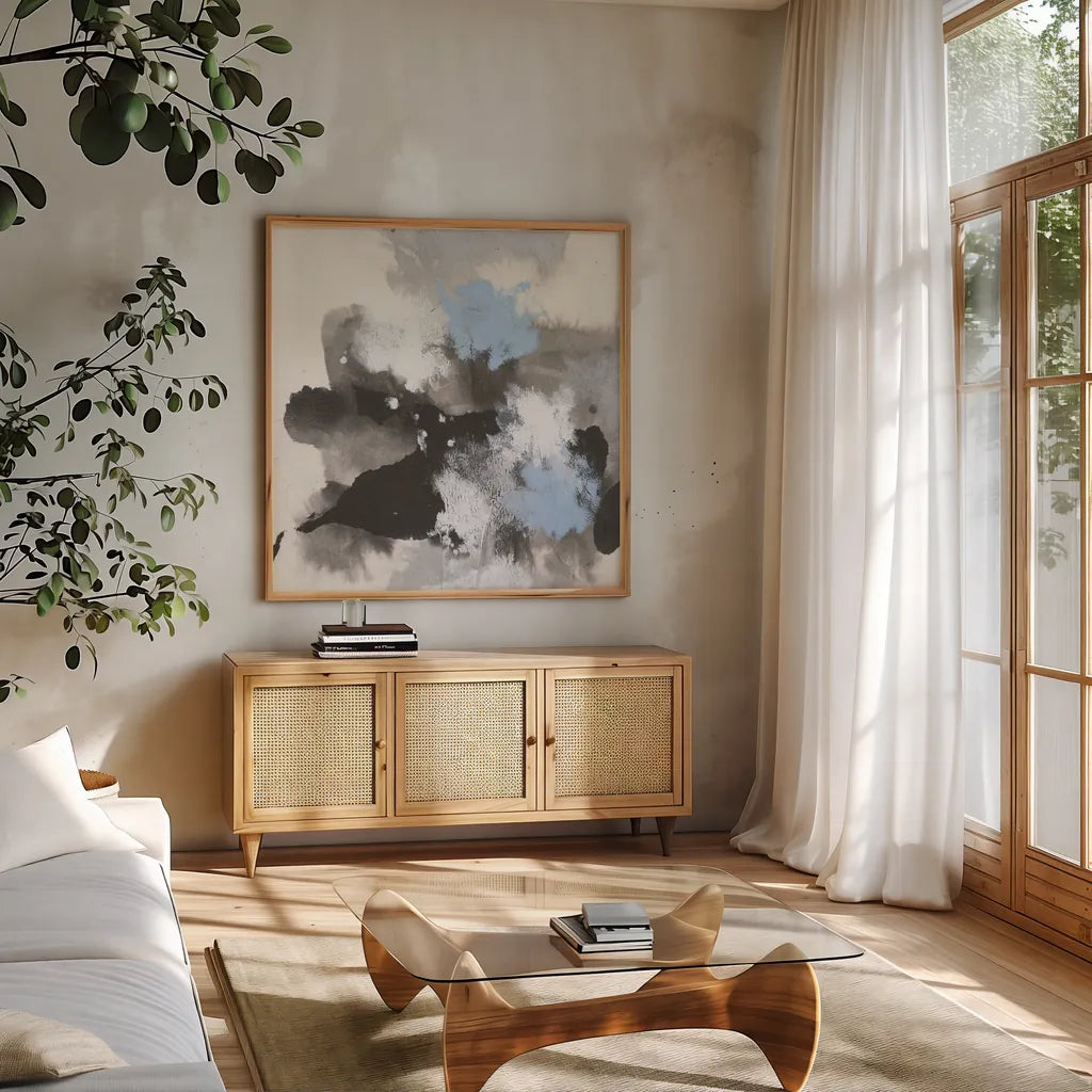 Puff of Blue II by Chris Paschke. Shown in a natural wood frame in a cozy modern living room. Available as an archival giclee rolled canvas, fine art paper, or poster print. SKU 74347a.