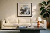 Puff of Blue II by Chris Paschke. Displayed in a glass frame with matte in a clean modern living room. Available as an archival giclee rolled canvas, fine art paper, or poster print. SKU 74347a.