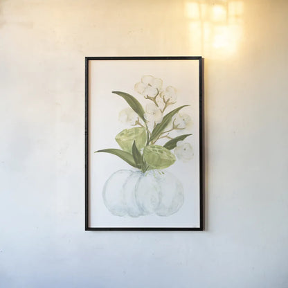 Pumpkin Cotton Bouquet by Chris Paschke. shown as a paper print in a black flame. Available as a archival giclee rolled canvas, fine art paper, or poster print. SKU 81872h.