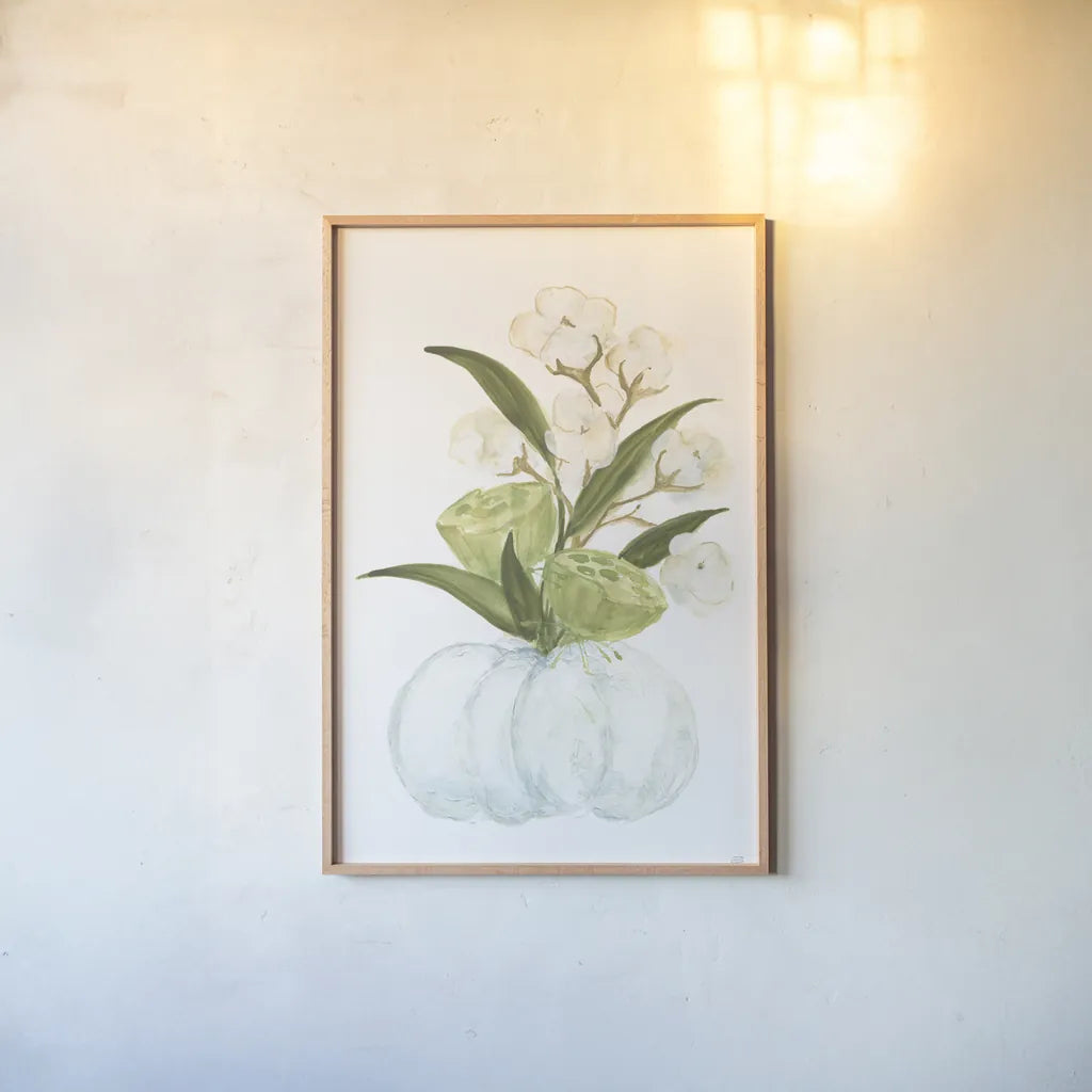 Pumpkin Cotton Bouquet by Chris Paschke. shown as a paper print in a natural frame. Available as a archival giclee rolled canvas, fine art paper, or poster print. SKU 81872h.