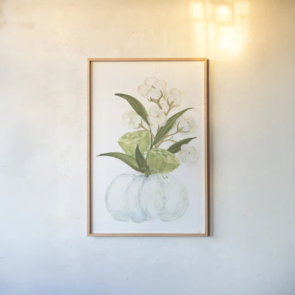 Pumpkin Cotton Bouquet by Chris Paschke. shown as a paper print in a natural frame. Available as a archival giclee rolled canvas, fine art paper, or poster print. SKU 81872h.