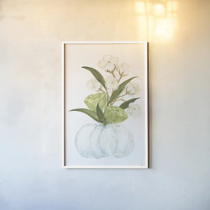 Pumpkin Cotton Bouquet by Chris Paschke. shown as a paper print in a white frame. Available as a archival giclee rolled canvas, fine art paper, or poster print. SKU 81872h.