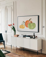 Pumpkin Menagerie I by Chris Paschke. shown as a framed stretched canvas in a living room above a console. Available as a archival giclee rolled canvas, fine art paper, or poster print. SKU 81880i.