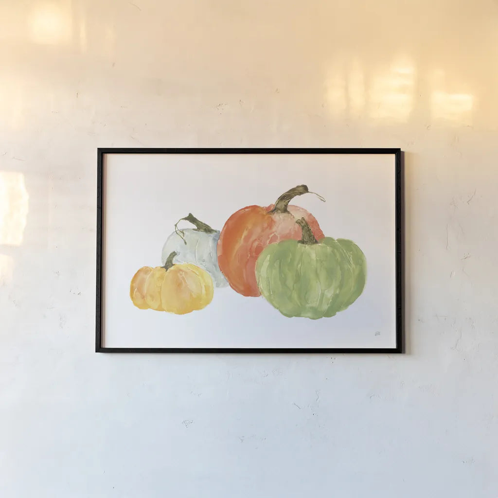 Pumpkin Menagerie I by Chris Paschke. shown as a paper print in a black flame. Available as a archival giclee rolled canvas, fine art paper, or poster print. SKU 81880i.