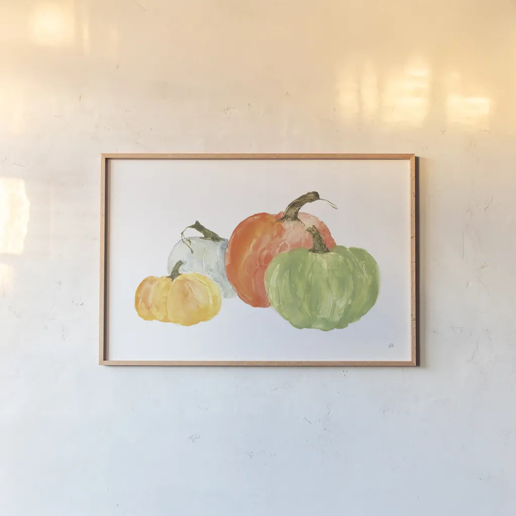 Pumpkin Menagerie I by Chris Paschke. shown as a paper print in a natural frame. Available as a archival giclee rolled canvas, fine art paper, or poster print. SKU 81880i.