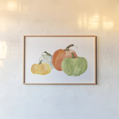 Pumpkin Menagerie I by Chris Paschke. shown as a paper print in a natural frame. Available as a archival giclee rolled canvas, fine art paper, or poster print. SKU 81880i.