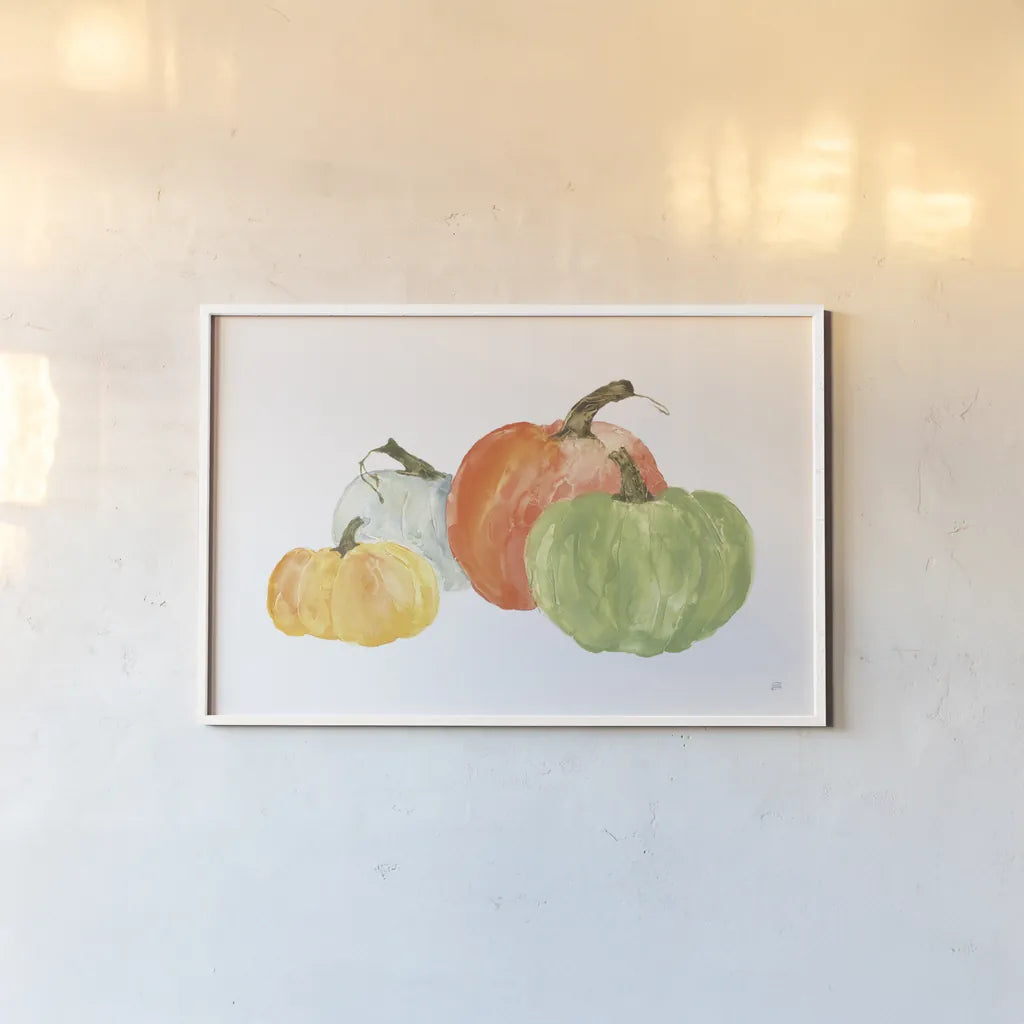 Pumpkin Menagerie I by Chris Paschke. shown as a paper print in a white frame. Available as a archival giclee rolled canvas, fine art paper, or poster print. SKU 81880i.