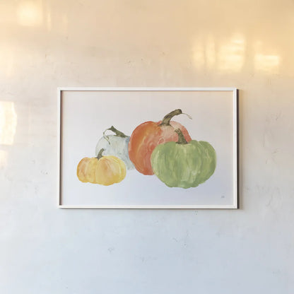 Pumpkin Menagerie I by Chris Paschke. shown as a paper print in a white frame. Available as a archival giclee rolled canvas, fine art paper, or poster print. SKU 81880i.