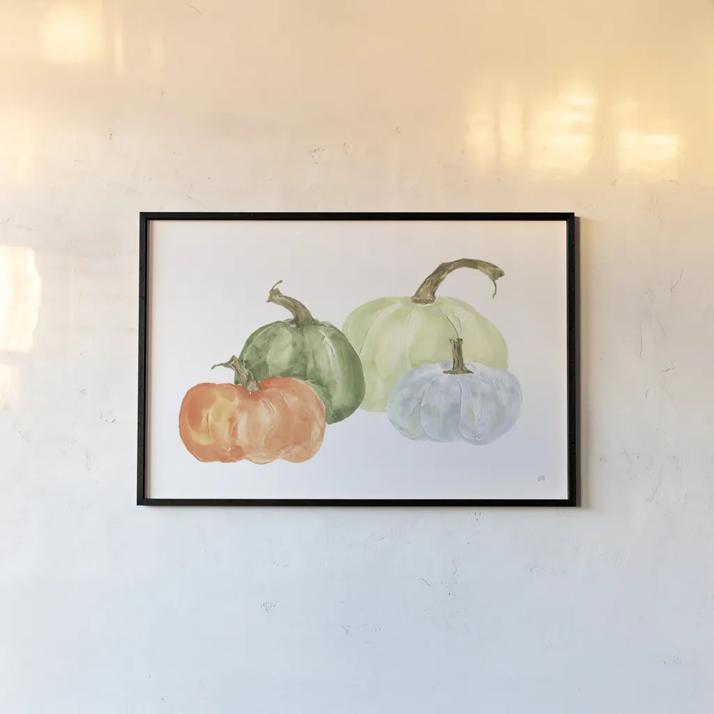 Pumpkin Menagerie II by Chris Paschke. shown as a paper print in a black flame. Available as a archival giclee rolled canvas, fine art paper, or poster print. SKU 81881i.