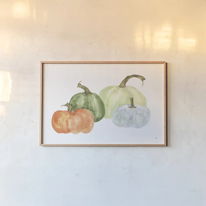 Pumpkin Menagerie II by Chris Paschke. shown as a paper print in a natural frame. Available as a archival giclee rolled canvas, fine art paper, or poster print. SKU 81881i.