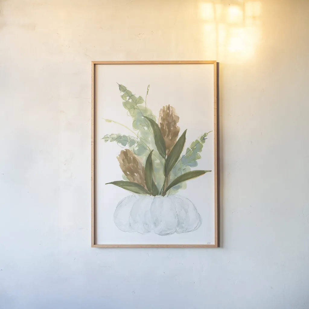 Pumpkin Protea Bouquet by Chris Paschke. shown as a paper print in a natural frame. Available as a archival giclee rolled canvas, fine art paper, or poster print. SKU 81873h.