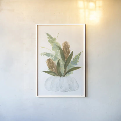 Pumpkin Protea Bouquet by Chris Paschke. shown as a paper print in a white frame. Available as a archival giclee rolled canvas, fine art paper, or poster print. SKU 81873h.