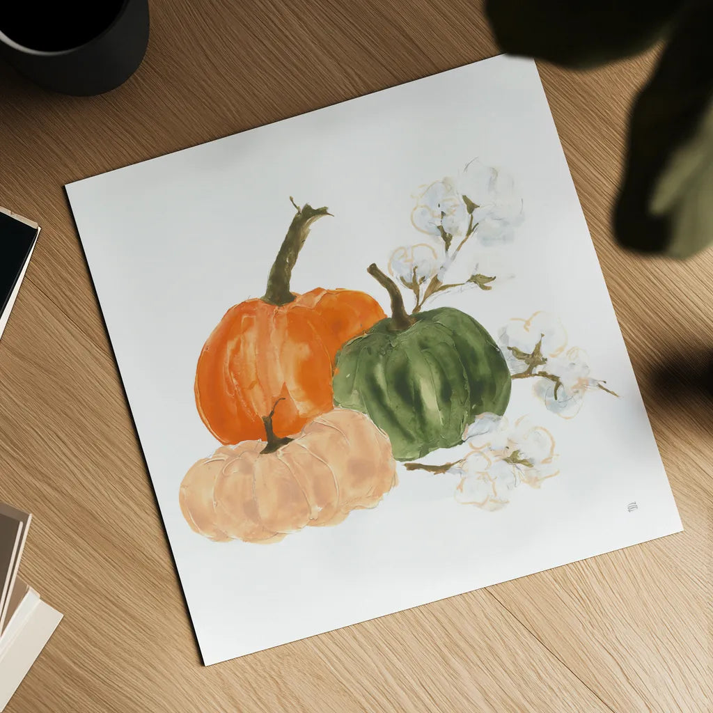 Pumpkins and Cotton I by Chris Paschke. Shown as a detailed flat fine art print, highlighting archival giclee quality. Available as an archival giclee rolled canvas, fine art paper, or poster print. SKU 81866a.
