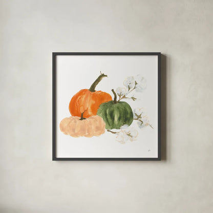 Pumpkins and Cotton I by Chris Paschke. Shown in a sleek black glass frame for a contemporary gallery look. Available as an archival giclee rolled canvas, fine art paper, or poster print. SKU 81866a.
