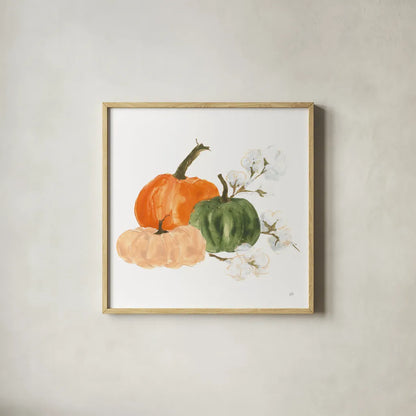 Pumpkins and Cotton I by Chris Paschke. Shown in a natural wood glass frame for a timeless modern aesthetic. Available as an archival giclee rolled canvas, fine art paper, or poster print. SKU 81866a.