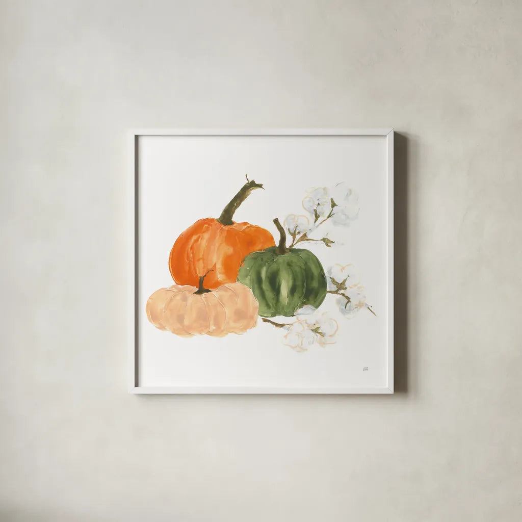 Pumpkins and Cotton I by Chris Paschke. Shown in a crisp white glass frame for a clean and minimalist style. Available as an archival giclee rolled canvas, fine art paper, or poster print. SKU 81866a.