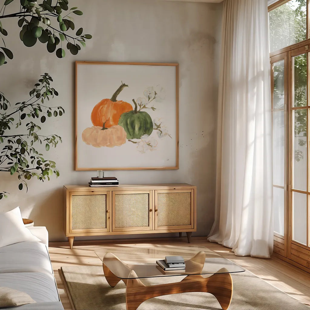 Pumpkins and Cotton I by Chris Paschke. Shown in a natural wood frame in a cozy modern living room. Available as an archival giclee rolled canvas, fine art paper, or poster print. SKU 81866a.